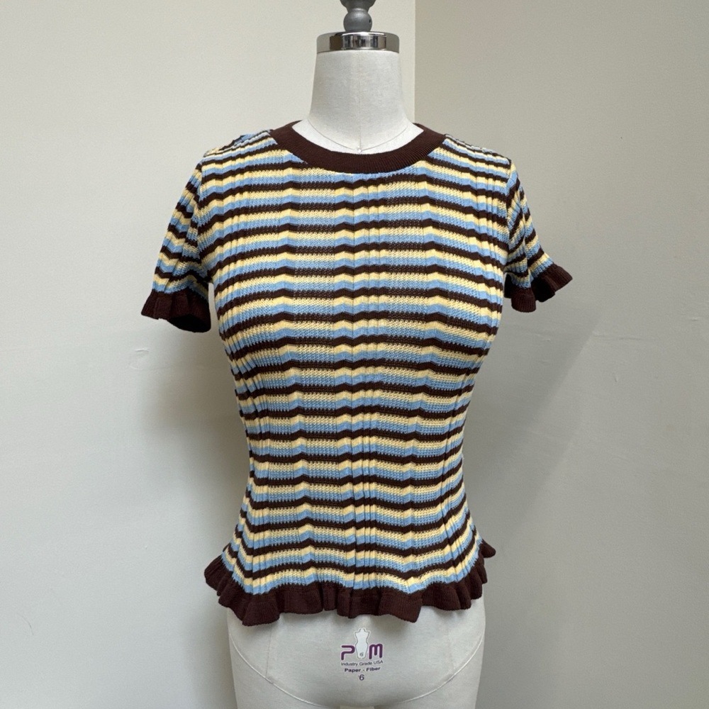 Zara White and Brown Fitted Ribbed T-Shirt